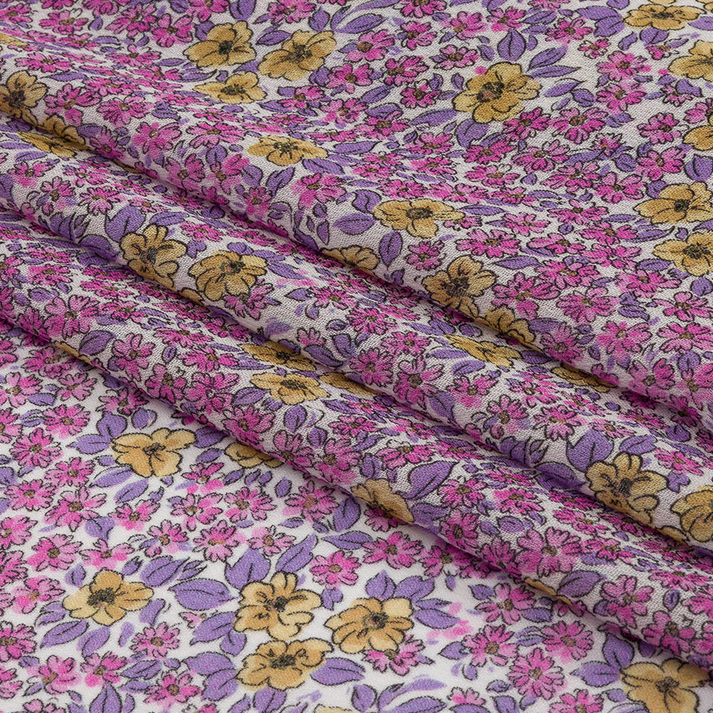 Viscose Georgette - Pink and Yellow Floral - Springtime Saunter Print - Mood Exclusive Secret Garden Collection - Folded