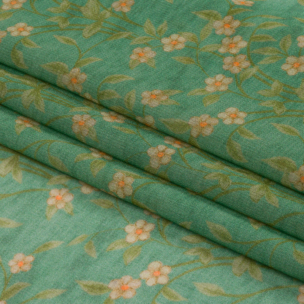 Viscose Georgette - Green and Cream Floral - Flora's Crown Print - Mood Exclusive Secret Garden Collection - Folded
