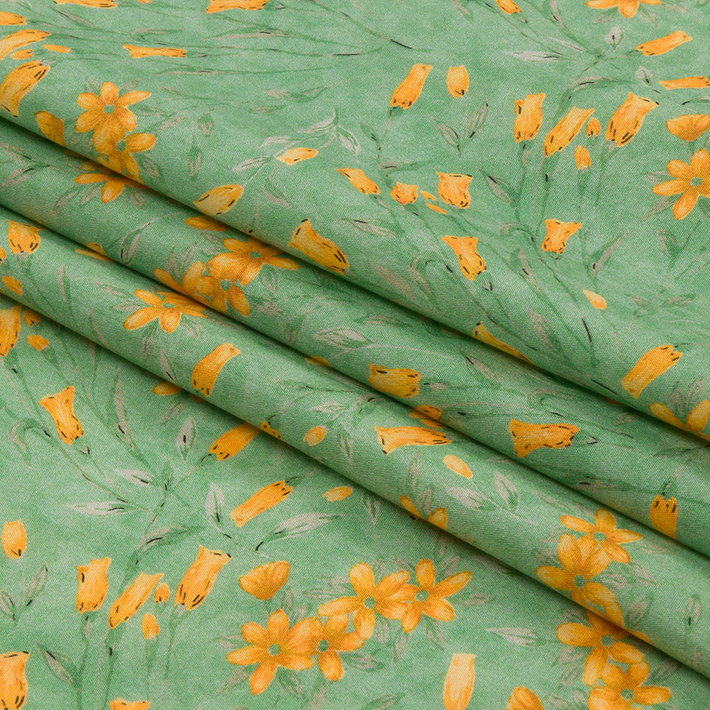 Cotton Poplin - Teal and Orange Floral - Dance with the Daffodils Print - Mood Exclusive Secret Garden Collection - Folded