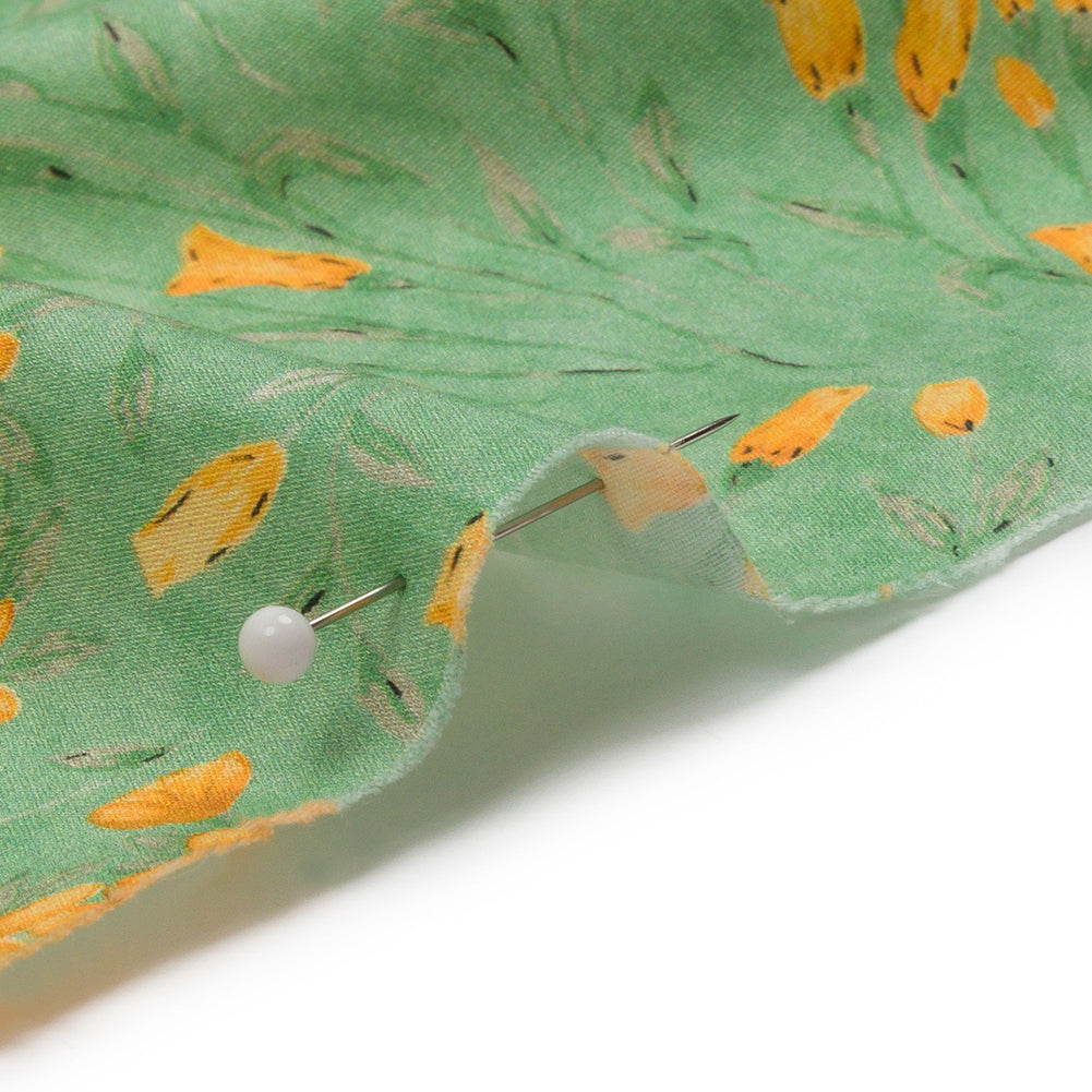 Cotton Poplin - Teal and Orange Floral - Dance with the Daffodils Print - Mood Exclusive Secret Garden Collection - Detail