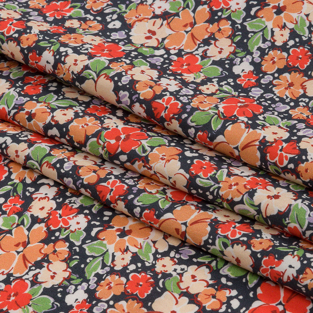 Cotton Poplin - Black and Peach Floral - Poppy Hypnosis Print - Mood Exclusive Secret Garden Collection - Folded
