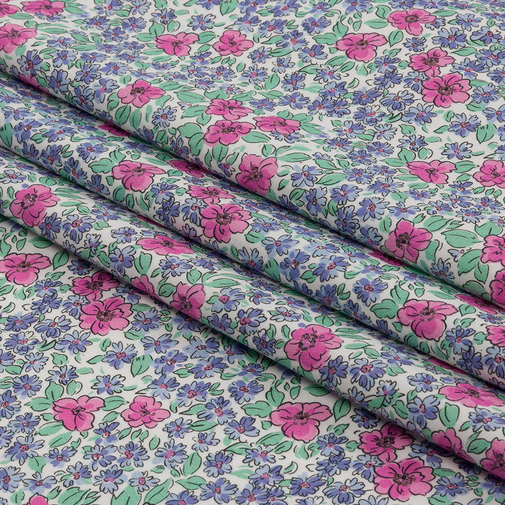 Cotton Poplin - Blue and Pink Floral - Springtime Saunter Print - Mood Exclusive Secret Garden Collection - Folded