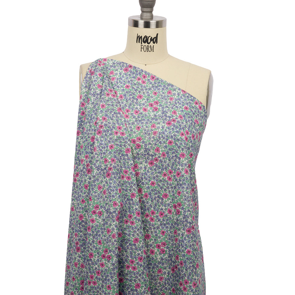 Cotton Poplin - Blue and Pink Floral - Springtime Saunter Print - Mood Exclusive Secret Garden Collection - Drape