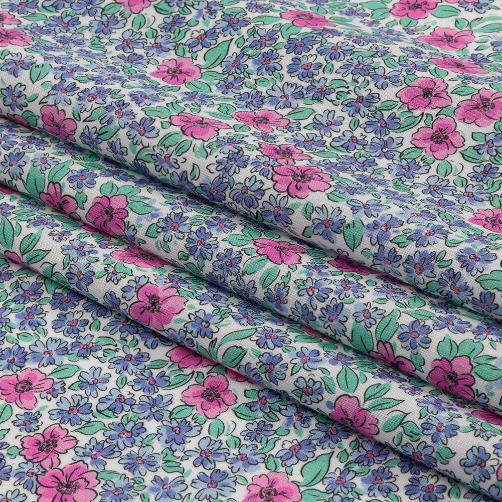 Cotton Voile - Blue and Pink Floral - Springtime Saunter Print - Mood Exclusive Secret Garden Collection - Folded