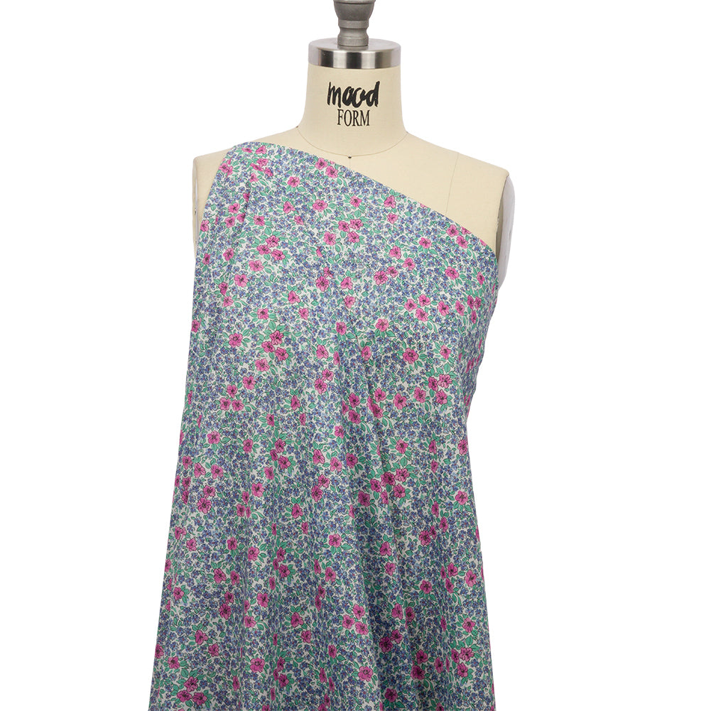 Cotton Voile - Blue and Pink Floral - Springtime Saunter Print - Mood Exclusive Secret Garden Collection - Drape