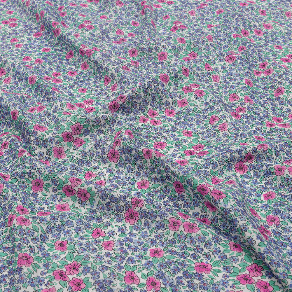 Cotton Voile - Blue and Pink Floral - Springtime Saunter Print - Mood Exclusive Secret Garden Collection