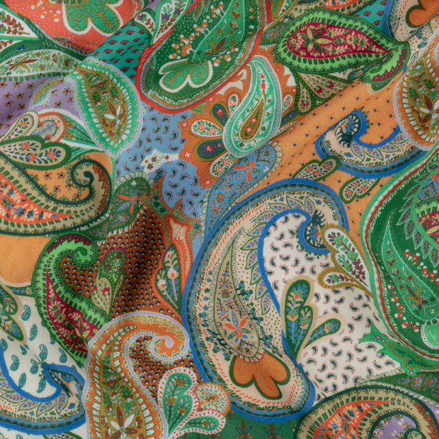 Sustainable Viscose Crepe - Green and Orange Paisley - Dragonfly Inn Print - Mood Exclusive Gisele Collection