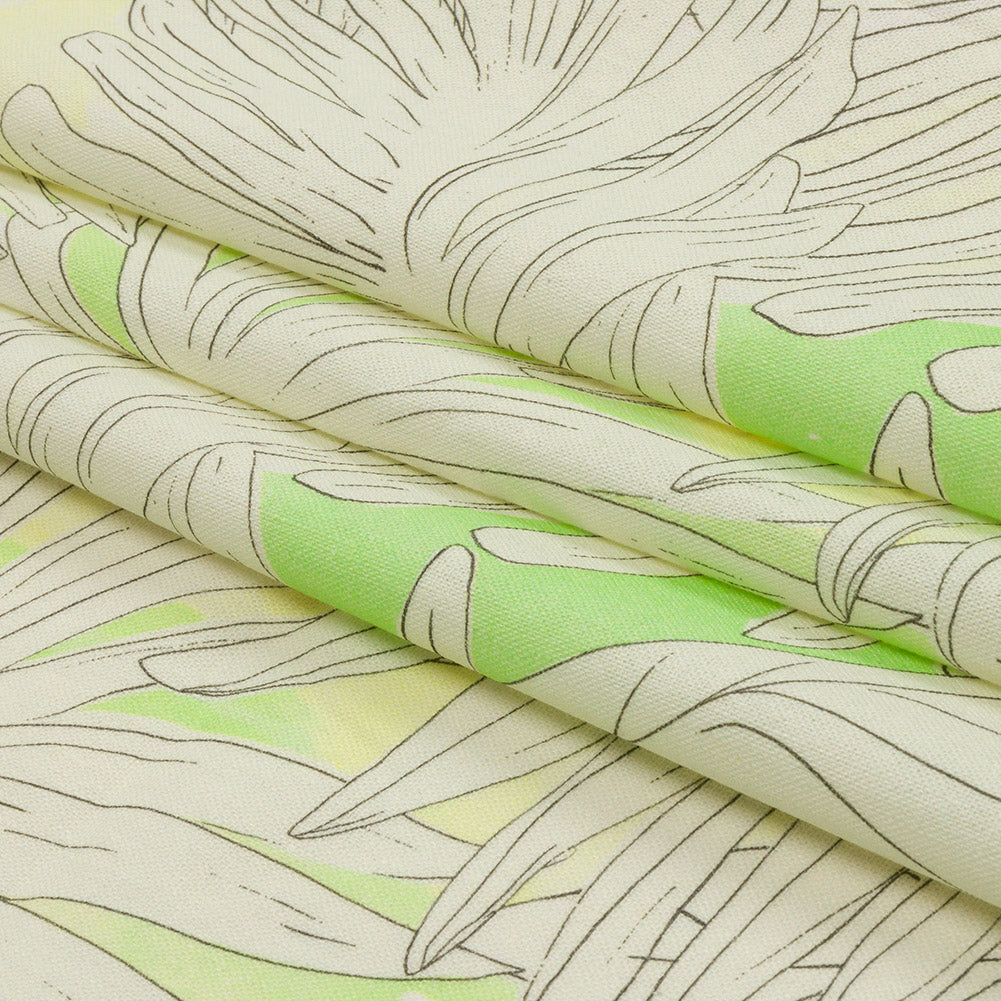 Linen and Rayon Woven - White and Pale Green Leaves - Under the Boardwalk Print - Mood Exclusive Palm Beach Collection - Folded