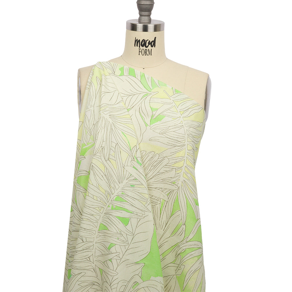 Linen and Rayon Woven - White and Pale Green Leaves - Under the Boardwalk Print - Mood Exclusive Palm Beach Collection - Drape