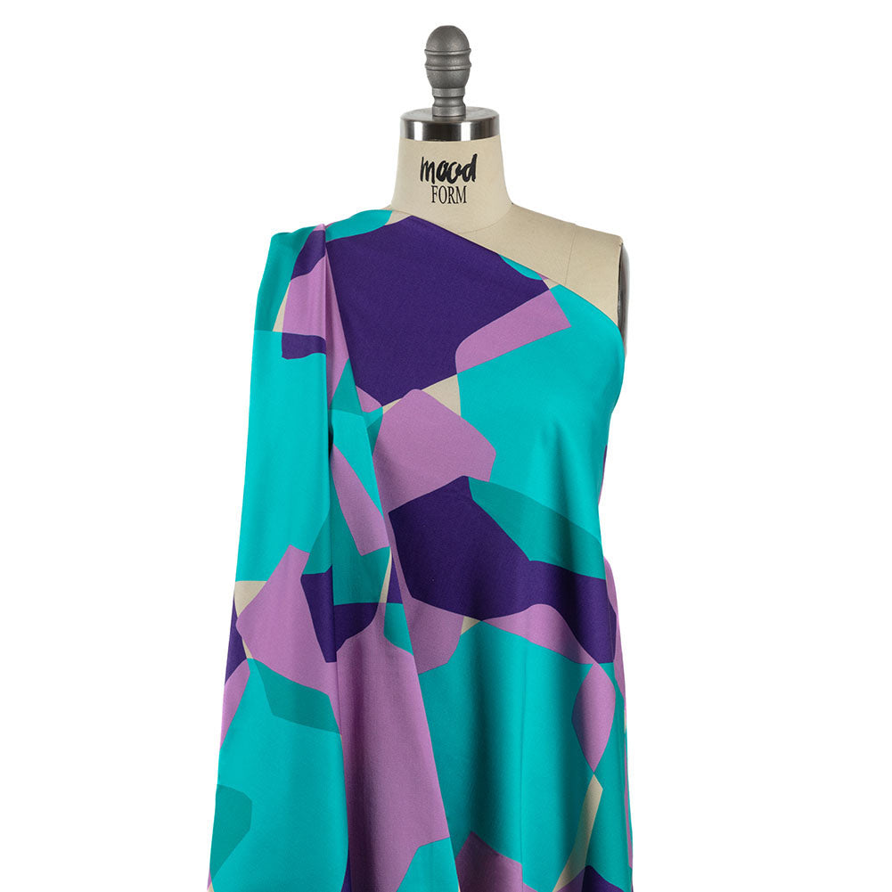 Stretch Cotton Sateen - Lilac and Turquoise Geometric Gems - Midnight Train to Georgia Print - Mood Exclusive Yesterday Collection - Drape