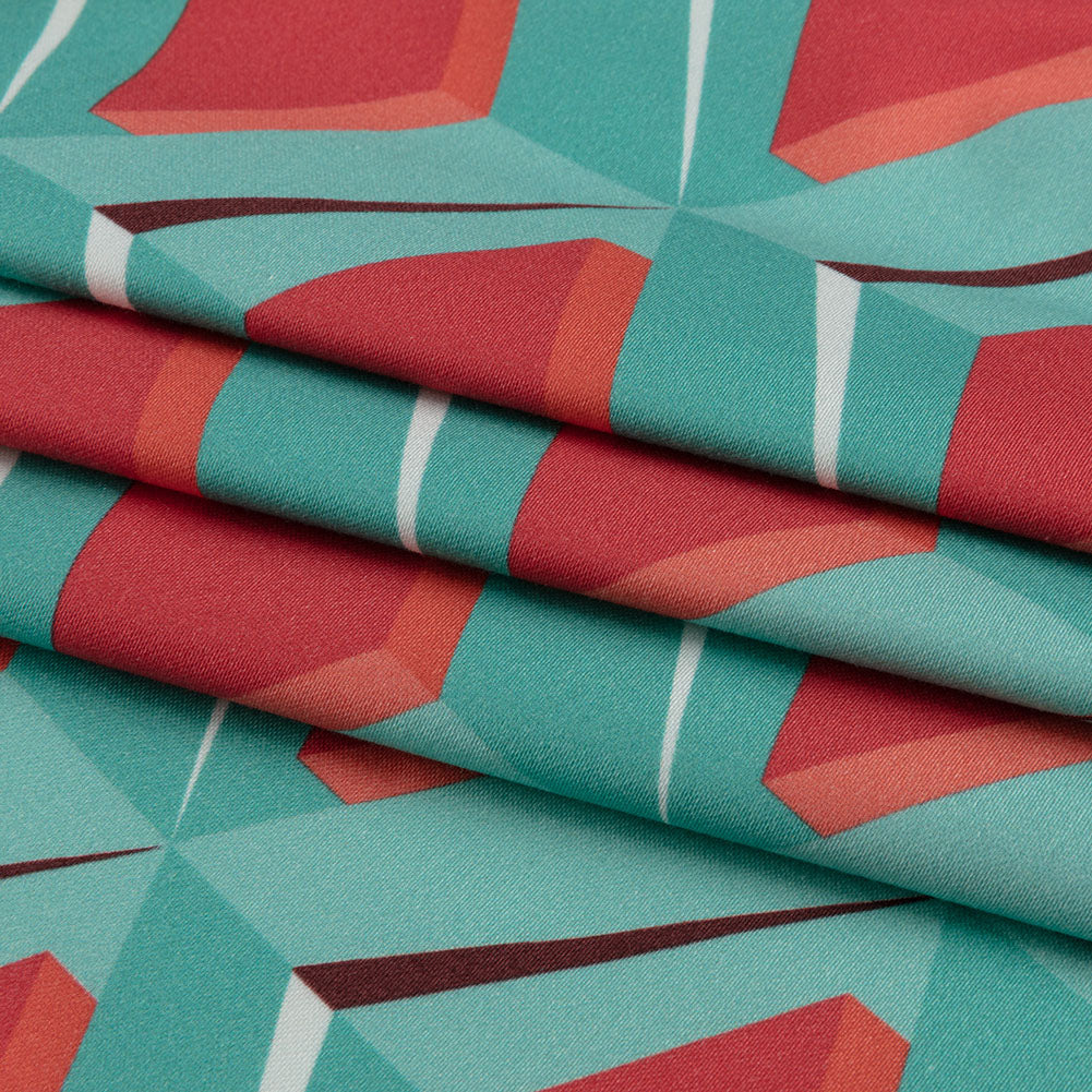 Stretch Cotton Sateen - Turquoise and Red Diamonds - Deco Delight Print - Mood Exclusive Yesterday Collection - Folded