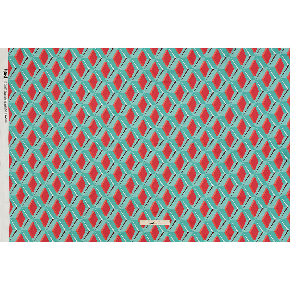 Stretch Cotton Sateen - Turquoise and Red Diamonds - Deco Delight Print - Mood Exclusive Yesterday Collection - Full