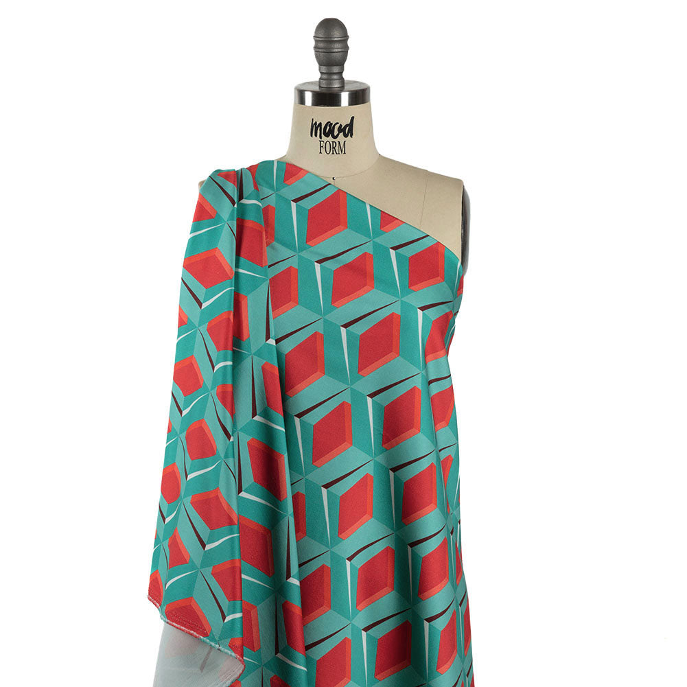 Stretch Cotton Sateen - Turquoise and Red Diamonds - Deco Delight Print - Mood Exclusive Yesterday Collection - Drape