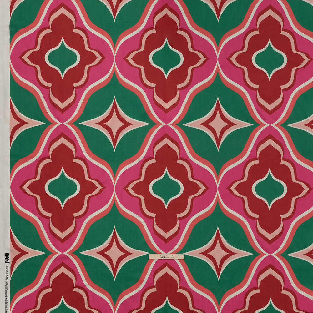Stretch Cotton Sateen - Red, Green and Pink Ogees - Age of Aquarius Print - Mood Exclusive Yesterday Collection - Full