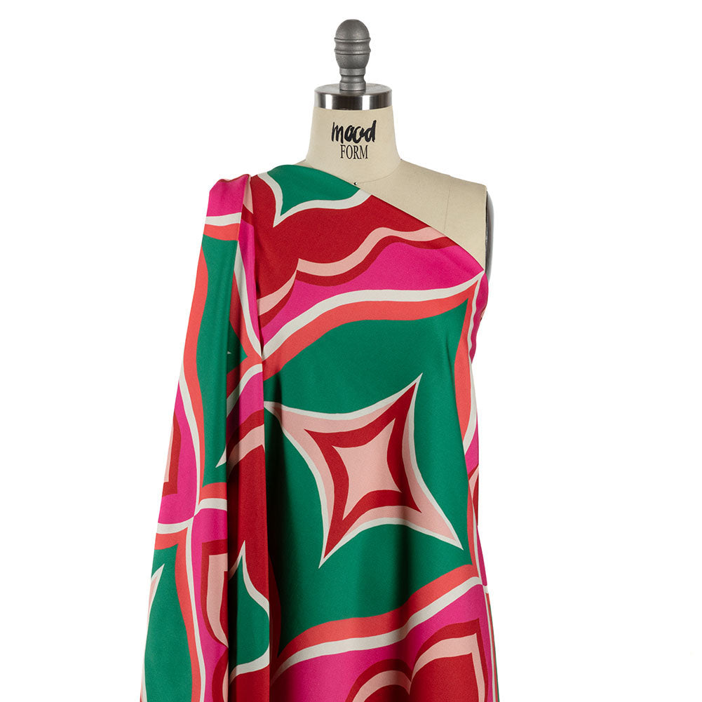 Stretch Cotton Sateen - Red, Green and Pink Ogees - Age of Aquarius Print - Mood Exclusive Yesterday Collection - Drape