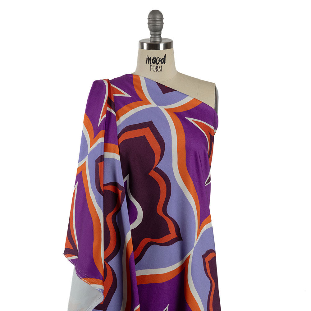 Stretch Cotton Sateen - Purple and Orange Ogees - Age of Aquarius Print - Mood Exclusive Yesterday Collection - Drape