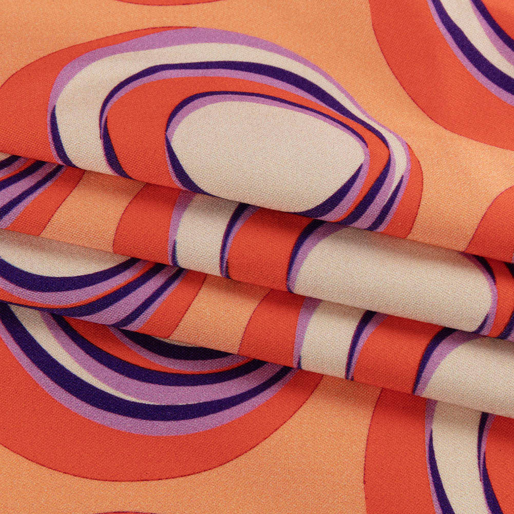 Stretch Cotton Sateen - Orange and Purple Circles - Stop The Beat Print - Mood Exclusive Yesterday Collection - Folded