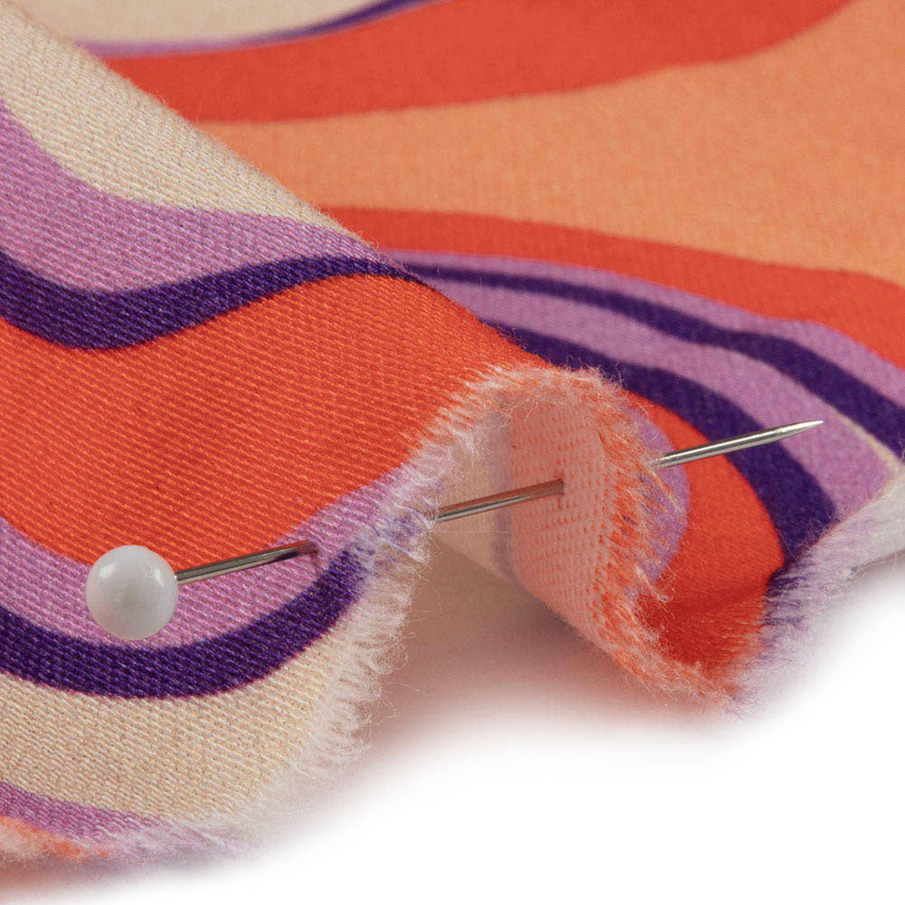 Stretch Cotton Sateen - Orange and Purple Circles - Stop The Beat Print - Mood Exclusive Yesterday Collection - Detail