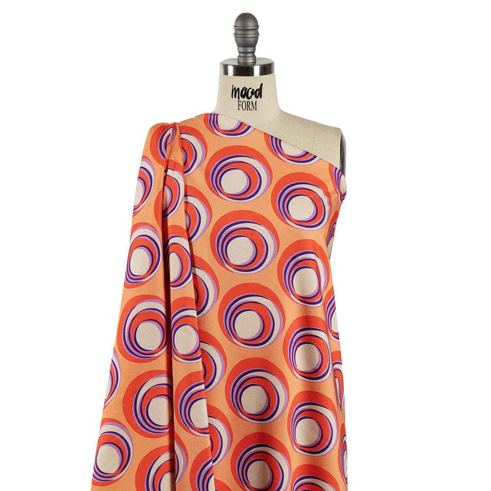 Stretch Cotton Sateen - Orange and Purple Circles - Stop The Beat Print - Mood Exclusive Yesterday Collection - Drape