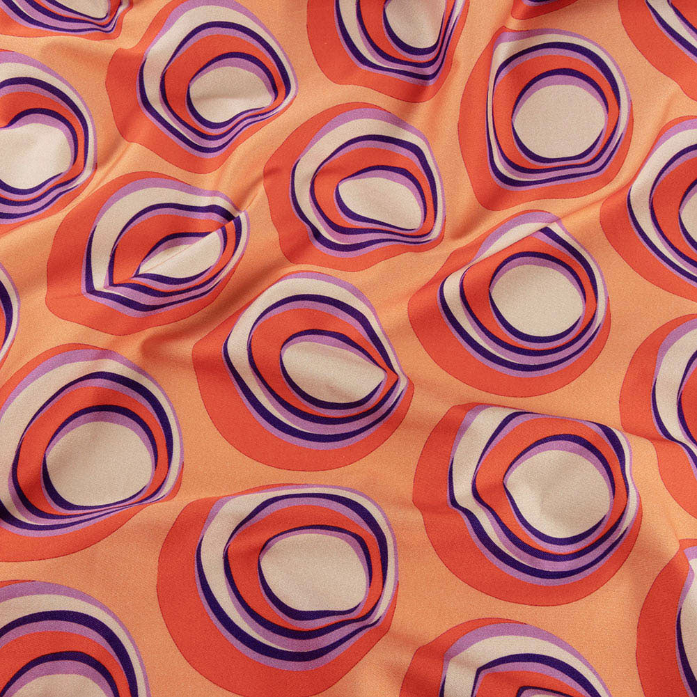 Stretch Cotton Sateen - Orange and Purple Circles - Stop The Beat Print - Mood Exclusive Yesterday Collection