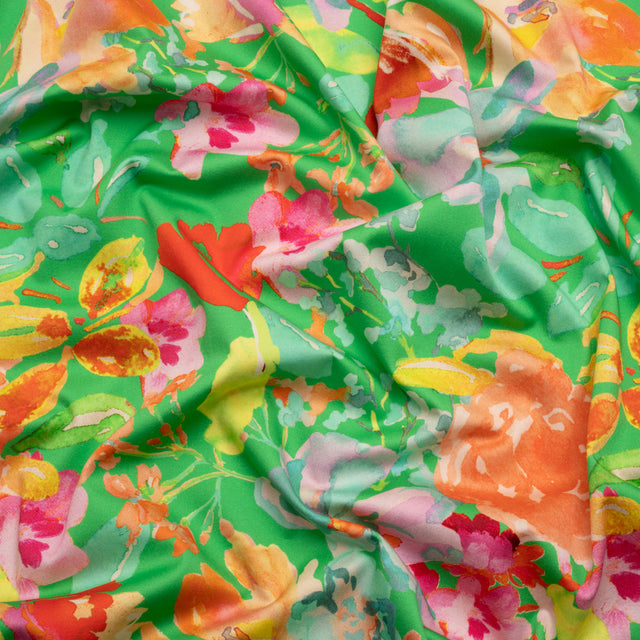 Stretch Cotton Sateen - Green and Pink Floral - Jocund Company Print - Mood Exclusive Marigold Collection
