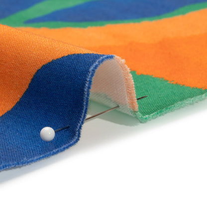 Stretch Cotton Sateen - Orange, Blue and Green Leaves - Mediterranean Mingle Print - Mood Exclusive Marigold Collection