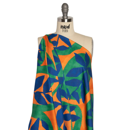 Stretch Cotton Sateen - Orange, Blue and Green Leaves - Mediterranean Mingle Print - Mood Exclusive Marigold Collection