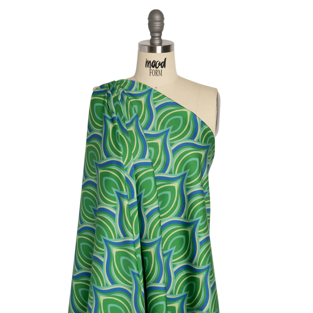 Stretch Cotton Sateen - Blue and Green Leaf Forms - Cipolla Blues Print - Mood Exclusive Marigold Collection - Drape