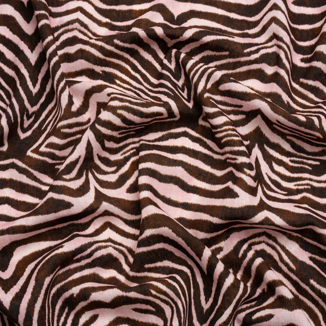 Linen and Rayon Woven - Pink and Brown Zebra Stripes - Destination Oasis Print - Mood Exclusive Kilimanjaro Collection