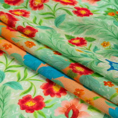 Viscose Georgette Panel - Blue, Green and Orange Floral Squares - Mood Exclusive Waltz of the Flowers Print