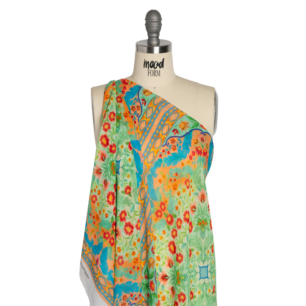 Viscose Georgette Panel - Blue, Green and Orange Floral Squares - Mood Exclusive Waltz of the Flowers Print - Drape