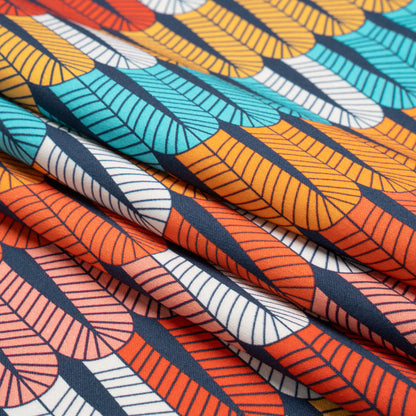 Stretch Cotton Sateen - Orange and Blue Geometric Feathers - Mood Exclusive Flock Together Print