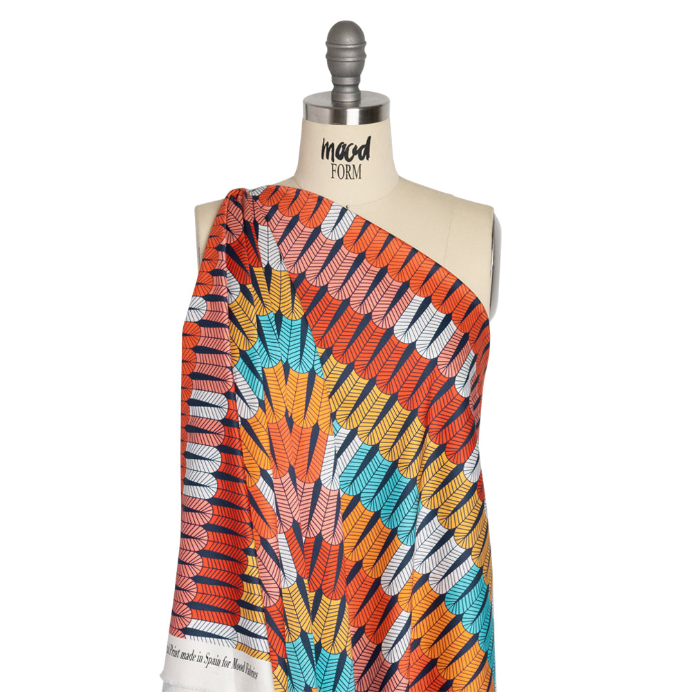 Stretch Cotton Sateen - Orange and Blue Geometric Feathers - Mood Exclusive Flock Together Print - Drape