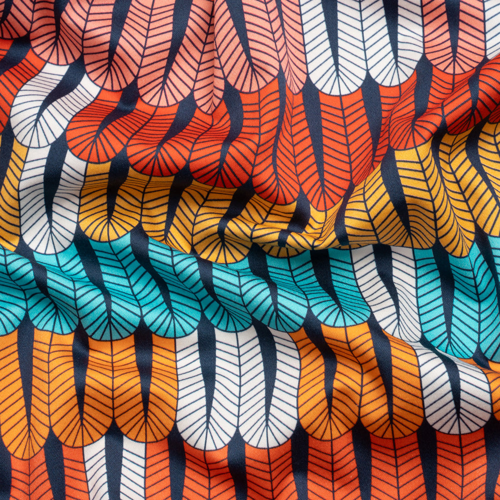 Stretch Cotton Sateen - Orange and Blue Geometric Feathers - Mood Exclusive Flock Together Print