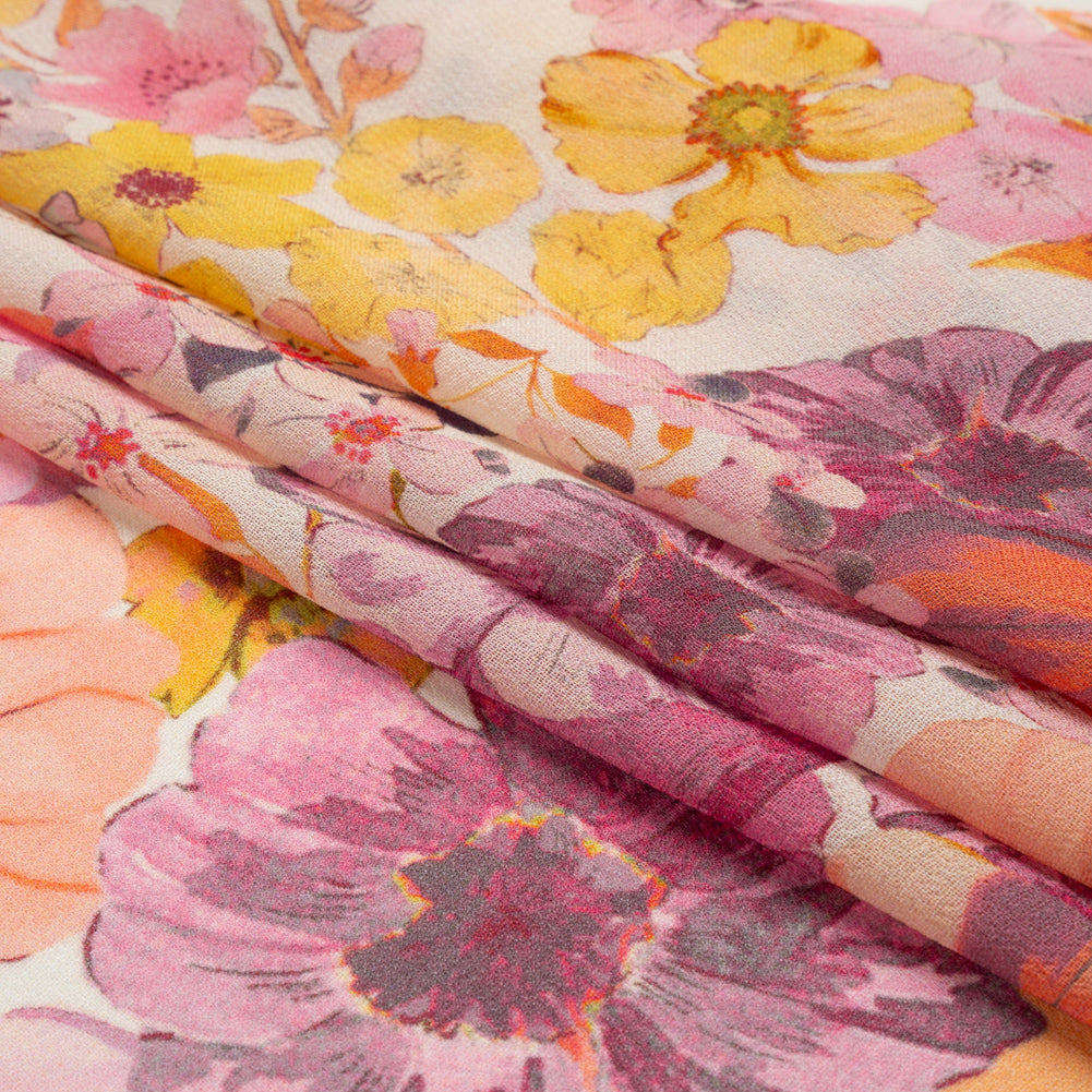 Viscose Georgette Panel - Orange and Purple Floral - Mood Exclusive Creamsicle Carnations Print - Folded