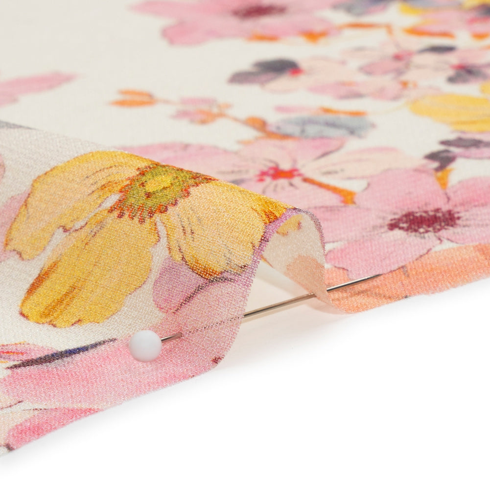 Viscose Georgette Panel - Orange and Purple Floral - Mood Exclusive Creamsicle Carnations Print - Detail
