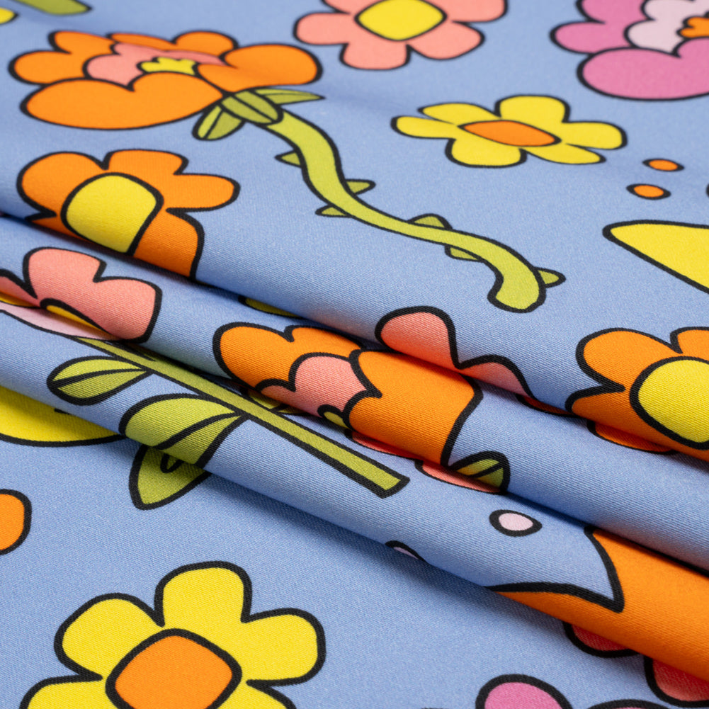 Stretch Cotton Sateen - Blue, Yellow and Purple Simple Floral - Mood Exclusive Atari Acres Print - Folded