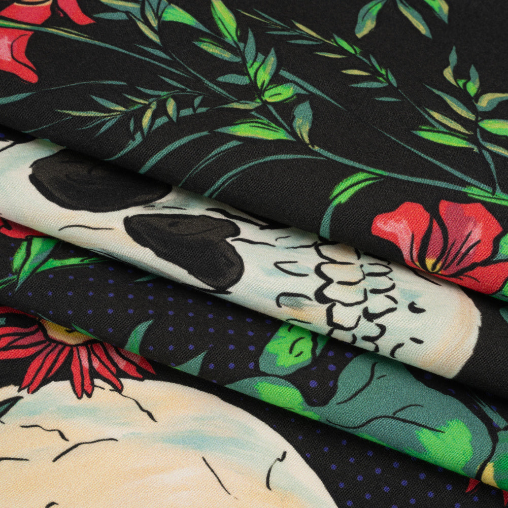 Stretch Cotton Sateen - Black, Red and Green Skulls and Flowers - Mood Exclusive Poor Yorick Print Folded