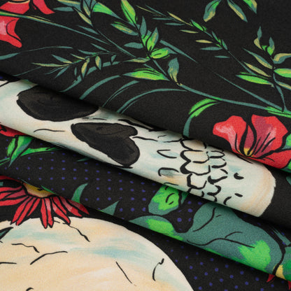 Stretch Cotton Sateen - Black, Red and Green Skulls and Flowers - Mood Exclusive Poor Yorick Print Folded