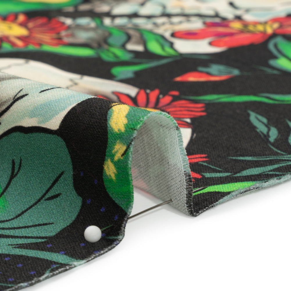 Stretch Cotton Sateen - Black, Red and Green Skulls and Flowers - Mood Exclusive Poor Yorick Print Detail
