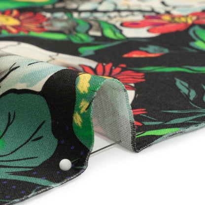 Stretch Cotton Sateen - Black, Red and Green Skulls and Flowers - Mood Exclusive Poor Yorick Print Detail