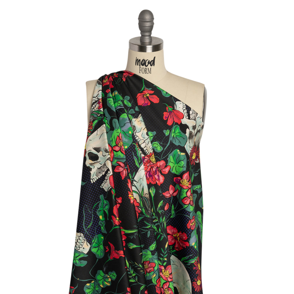 Stretch Cotton Sateen - Black, Red and Green Skulls and Flowers - Mood Exclusive Poor Yorick Print Drape