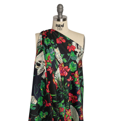 Stretch Cotton Sateen - Black, Red and Green Skulls and Flowers - Mood Exclusive Poor Yorick Print Drape