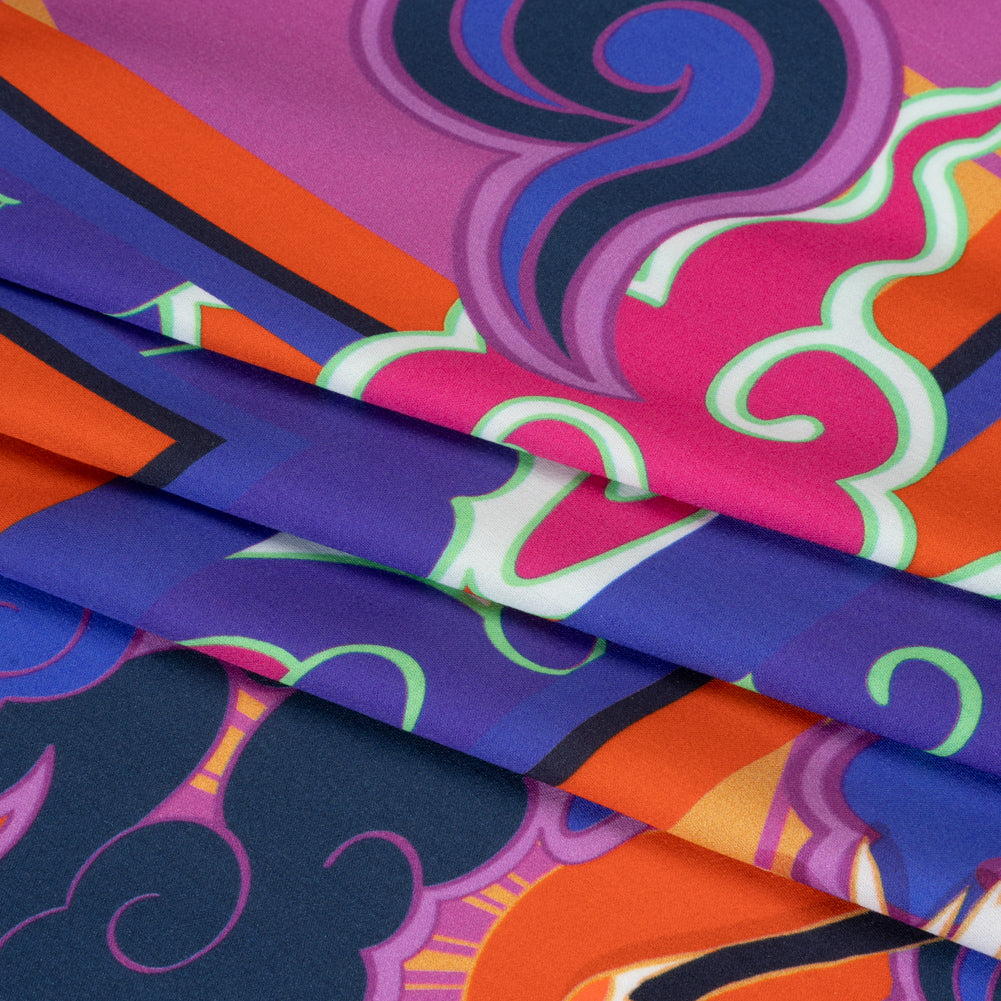Rayon Challis Panel - Blue and Orange Cranes and Clouds - Sunrise Flight Print - Mood Exclusive Chariot Collection - Folded