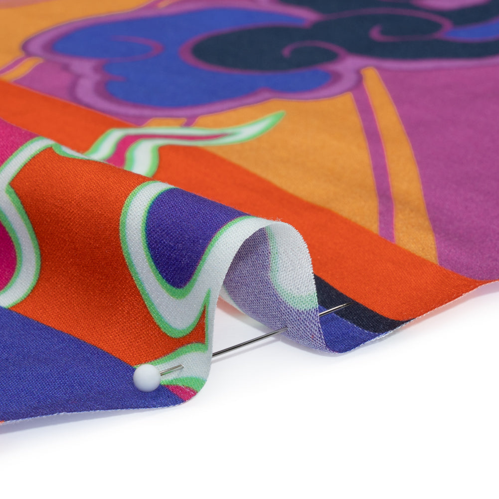 Rayon Challis Panel - Blue and Orange Cranes and Clouds - Sunrise Flight Print - Mood Exclusive Chariot Collection - Detail
