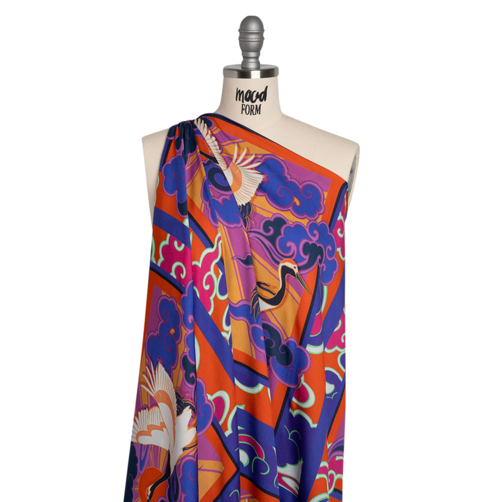 Rayon Challis Panel - Blue and Orange Cranes and Clouds - Sunrise Flight Print - Mood Exclusive Chariot Collection - Drape