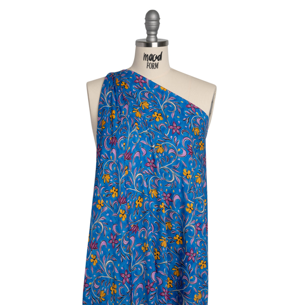Rayon Challis - Blue and Yellow Floral - Apollo's Laurel Print - Mood Exclusive Chariot Collection - Drape