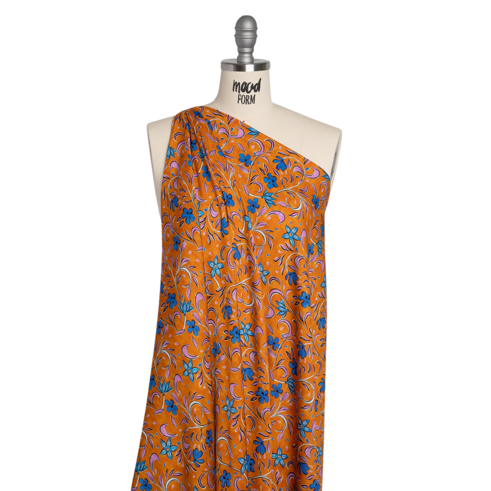 Rayon Challis - Orange and Blue Floral - Apollo's Laurel Print - Mood Exclusive Chariot Collection - Drape