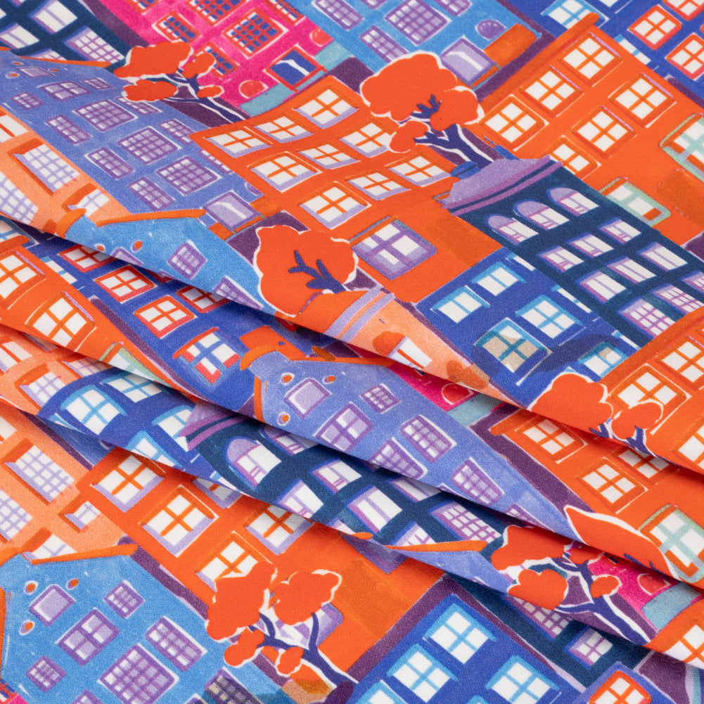 Stretch Cotton Sateen - Purple, Orange and Blue Houses - Sunlit City Print - Mood Exclusive Chariot Collection - Folded