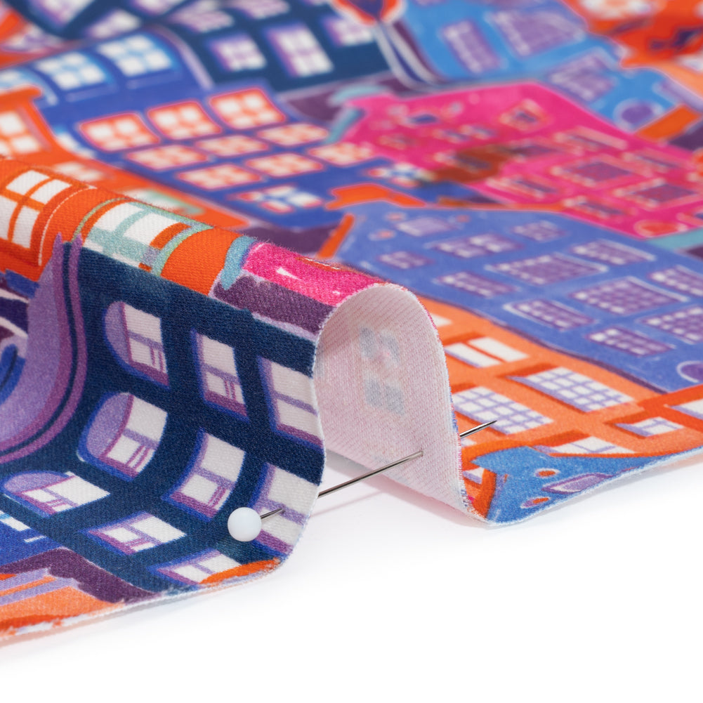 Stretch Cotton Sateen - Purple, Orange and Blue Houses - Sunlit City Print - Mood Exclusive Chariot Collection - Detail